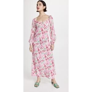 Rixo Gio Pink Daisy Trail Silk Midi Dress Size 12